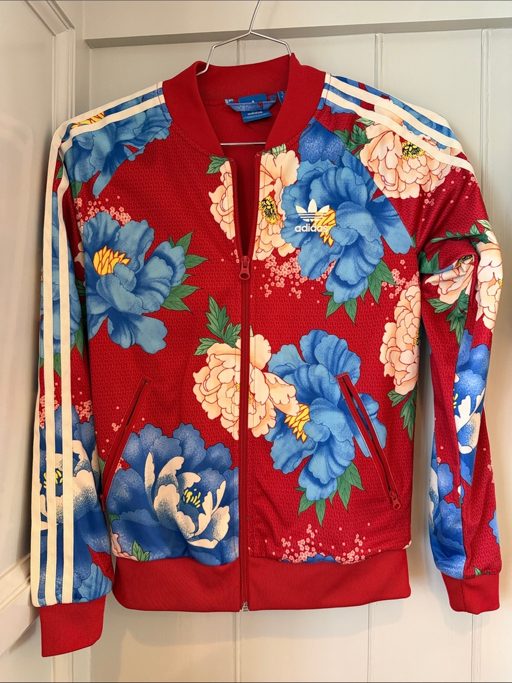 Women’s adidas Red Floral Varsity Track Jacket with Blue Blooms